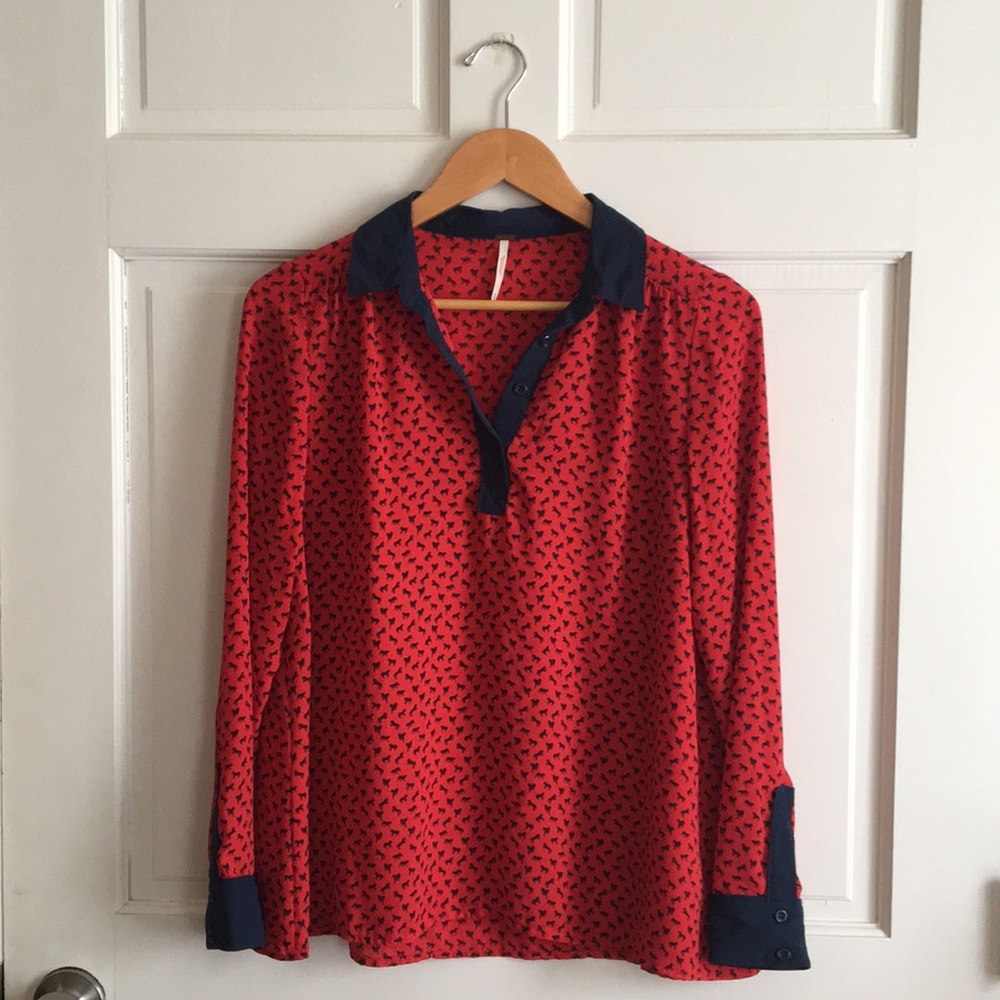 Free People! Red and navy blue blousy top!